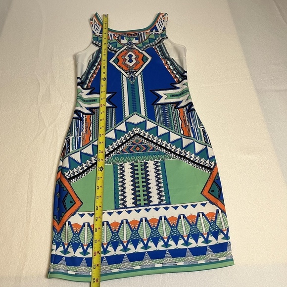 Peach Puff Dress Womens Small Blue Green Aztec Sleeveless Bodycon Geometric Mini - Picture 12 of 14